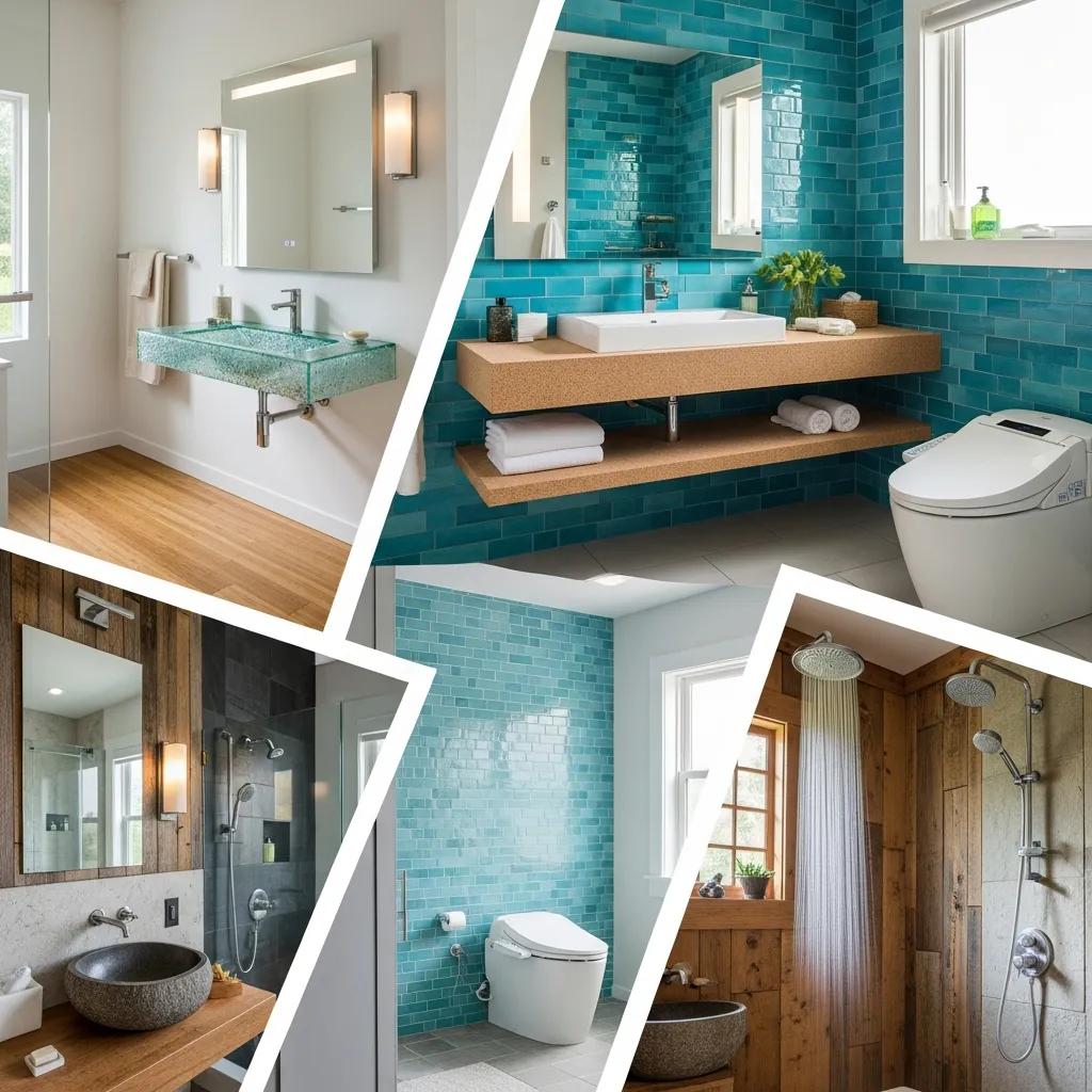 Collage of popular bathroom design ideas featuring sustainable materials and modern aesthetics