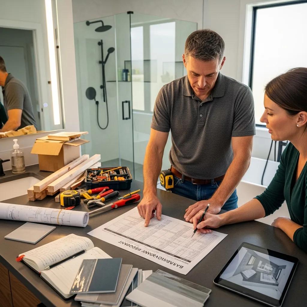 Contractor explaining bathroom remodeling costs to a homeowner