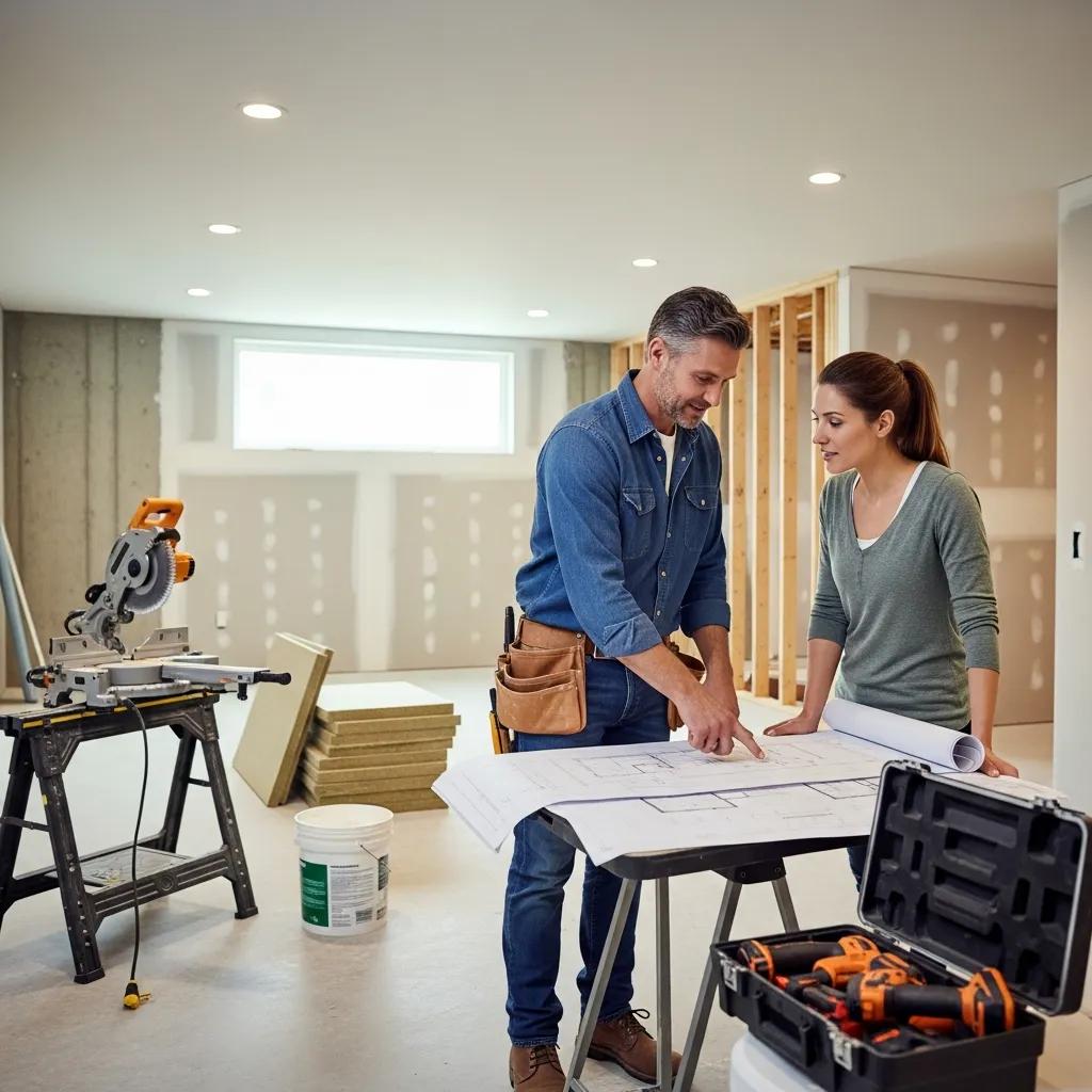 Homeowner and contractor reviewing basement renovation plans together — collaborative planning with Macuman Renovations