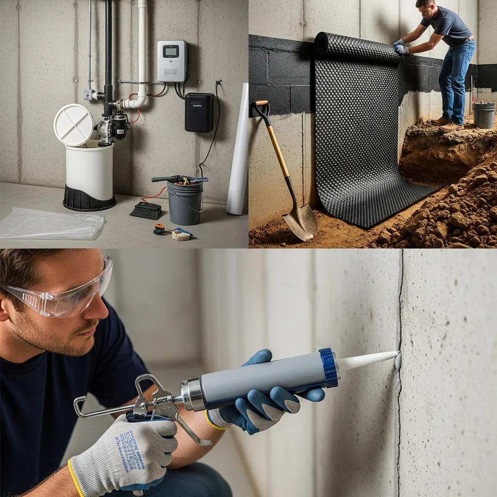 Technician applying waterproofing sealant and installing drainage components in a basement
